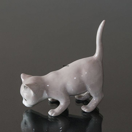 Graues Kätzchen, Schwanz oben, Bing & Gröndahl Katze Figur Nr. 2517 oder 517