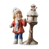 Mini Sommer og Vinterbørn, pige ved foderbræt, Royal Copenhagen figur