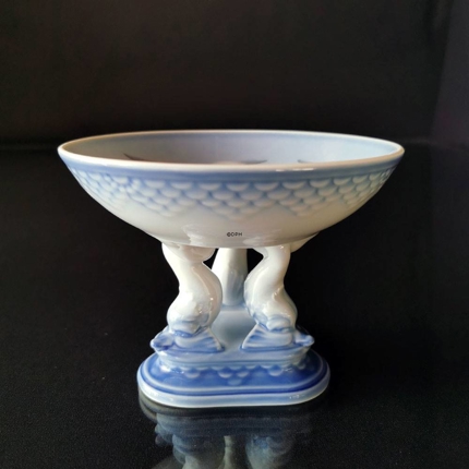 Möwegeschirr ohne Gold, Schale auf Delfinenfuß 14cm, Bing & Gröndahl Nr. 451 oder 66