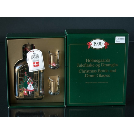 Flasche 1990 und 2 Weihnachtsdramgläser. Holmegaard Christmas