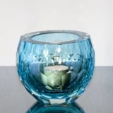 Hellblauer Teelichthalter, Glas mit geschliffener Kante, Mundgeblasen