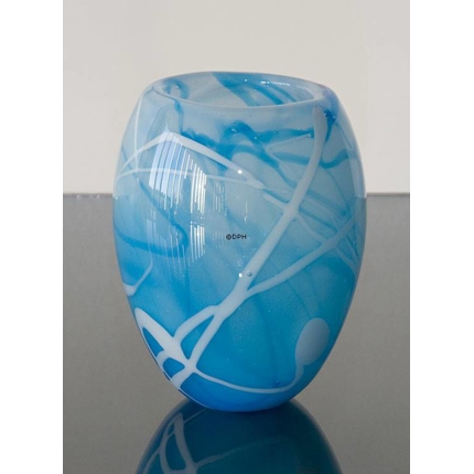Glasurtepotte, kan også bruges til vase, blå med hvid, glaskunst,