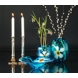Stor rund glasvase - blå med blomstermotiv, Mundblæst glaskunst,
