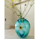 Large Round Glass Vase, Blue with flower, Hand Blown Glass Art,