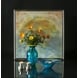 Stor billig glasvase - blå med blomster og gul kant, Mundblæst glaskunst,