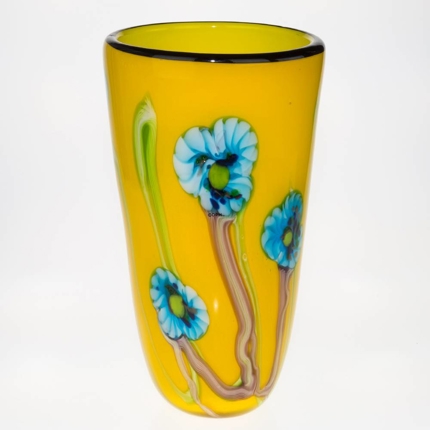 Large Yellow Glass Vase with flowers, 35cm, Hand Blown Glass,