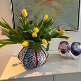Round Glass Vase, Opal with decoration 22x17cm, Hand Blown Glass,