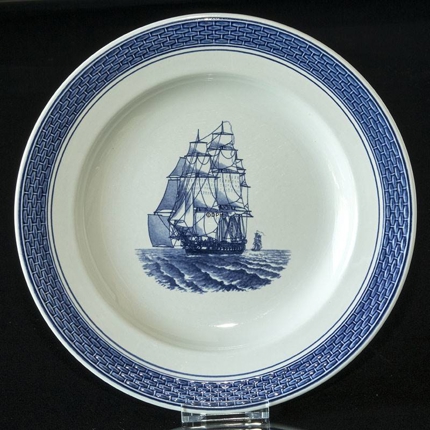 Royal Copenhagen/Aluminia Tranquebar, blå, tallerken med skib / Windjammer 25cm
