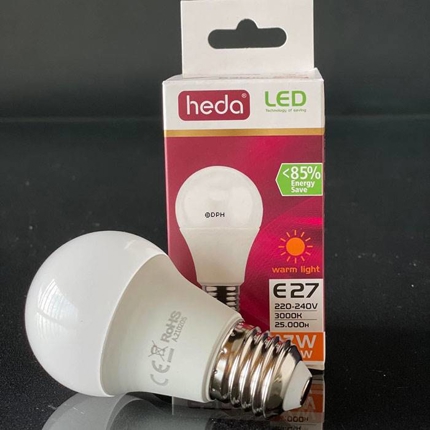 E27 LED bulb, 7W 470Lm (similar to40 watt) HEDA - Warm White Light 3000K