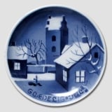 Winter scenery with church Aluminia plaquette, Merry Christmas