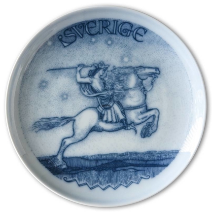 Swedish Stamp plate with Rider, Sweden, drawing in blue, Bing & Grondahl
