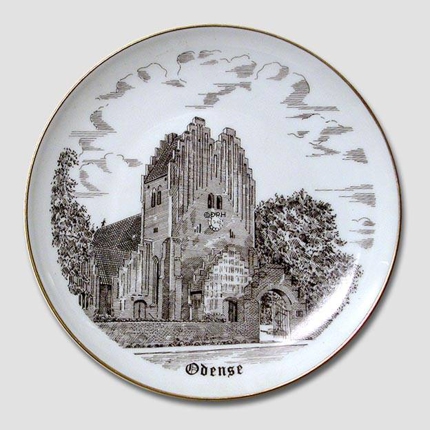 Bing & Grondahl Plate, Fredens Church Odense, drawing in brown