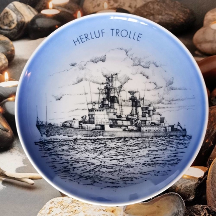 Teller, Die Fregatte Herluf Trolle, Zeichnung in blau, Bing & Gröndahl
