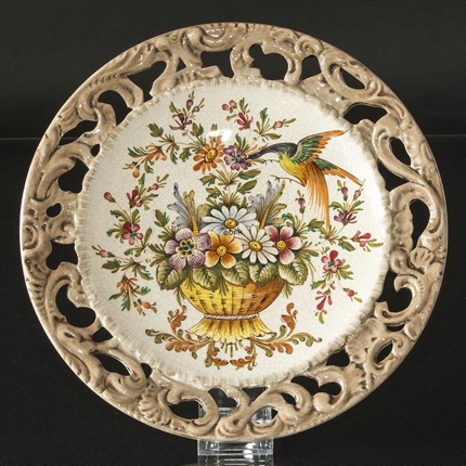 Bassano Zierteller mit durchbrochenem Rand, Motiv von Blumen und Vögeln