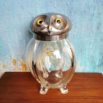 Glass ice bucket in the shape of an owl with a silver lid