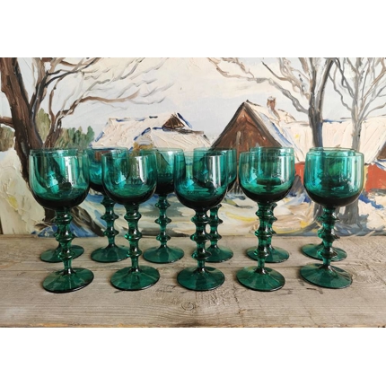 Vintage Drinking glasses 11 pcs. - Dark green/turquoise with beautiful stem