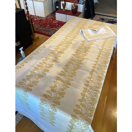 Tischdecke und 12 Serviette, gelb/off-weiß, Vintage, die Tischdecke misst 145 x 300 cm.