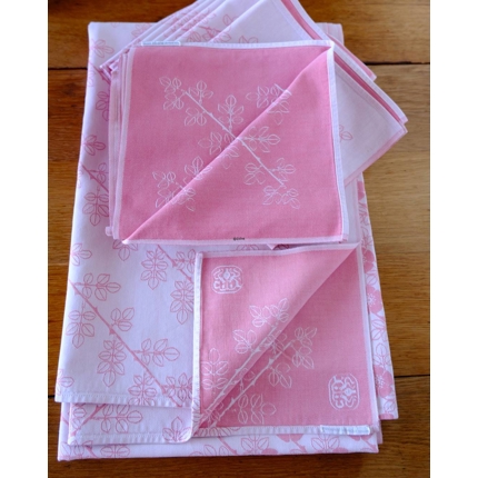 Georg Jensen Damask Tischdecke und 10 Serviette, grau/hellrosa, alt, die Tischdecke misst 130 x 200 cm