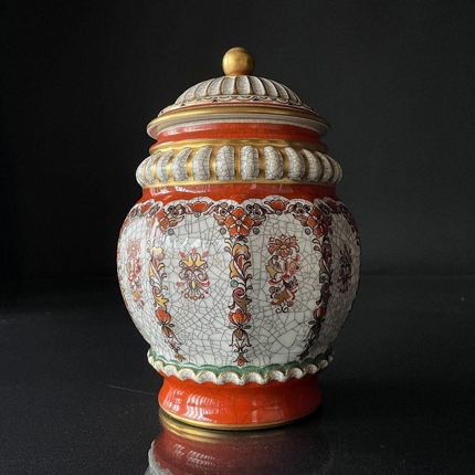 Dahl Jensen Craquele Topf mit Deckel mit orangem Rand und Blume Nr. 204-627
