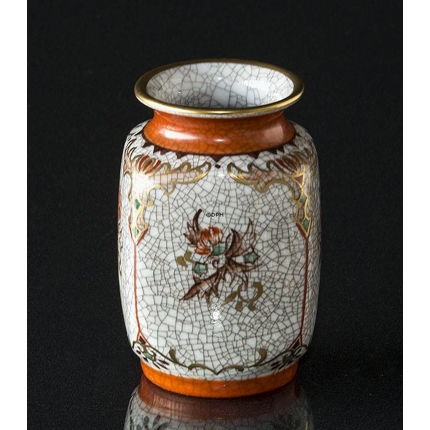 Dahl Jensen Craquele Vase mit orangem Rand und Blume Nr. 207-630