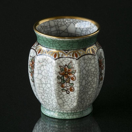 Dahl Jensen Vase, krakeleret med grøn kant og blomster 9 cm
