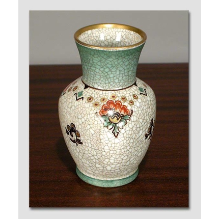 Vase, krakeleret med grøn kant og blomst