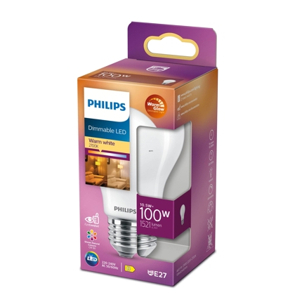 Philips dæmpbar LED pære E27 10,5W 1521 lm (svarer til 100 watt) Varm Hvidt Lys 2200-2700K (15000 timer)