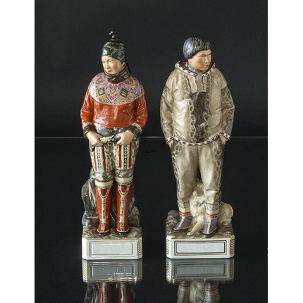 Greenlandic couple, woman and man, Royal Copenhagen overglaze figurine no. 12224 and 12225