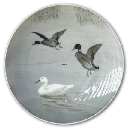 Schale / Teller mit Löchern zum Aufhängen, verziert mit fliegenden Enten, Royal Copenhagen Art Noveau (1898-1922)