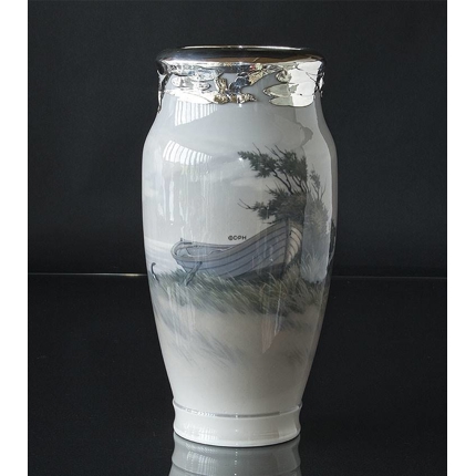 Vase with Landscape and boat, silver edge, Royal Copenhagen - UNICA No. 2352-131
