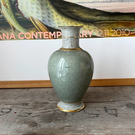 Vase, green, crackled, 18cm, Royal Copenhagen No. 457-3032.