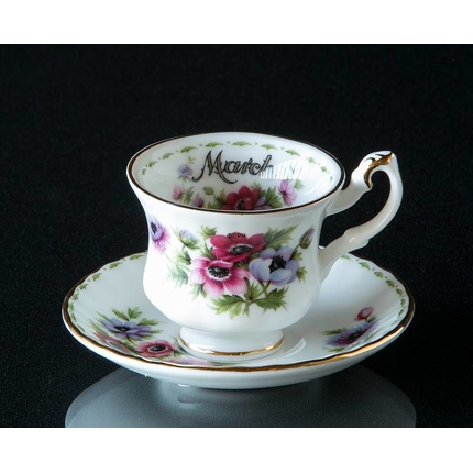 Royal Albert MINIATURE Monthly Cup with Flowers March Anemones (cup Ø4.5cm, saucer Ø 7.3cm)