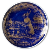1982 Ravn Cobalt Blue Easter Plate Bunny Rabbit and mushrooms