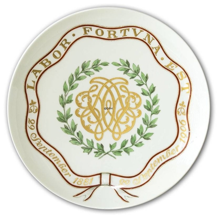 Royal Copenhagen platte med monogram i guld - Labor Fortuna Est