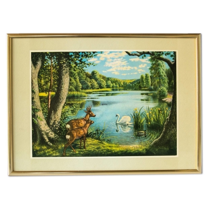 Landschaftsmalerei mit zwei Hirsch und einem Schwan auf einem Waldsee
