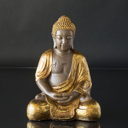 Buddha sitzend Meditation Dhyana Mudra, Braun und Goldfarbe Polyresin