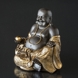 Laughing Buddha / Budai sitting, brown and gold polyresin