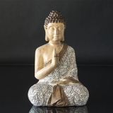 Buddha siddende beskyttelse Abhaya Mudra, beige polyresin