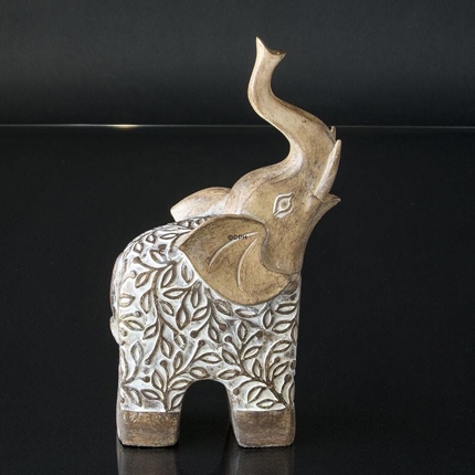 Elephant with trunk held high up, beige polyresin