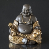 Fed Buddha / Budai siddende, brun og guld polyresin, stor
